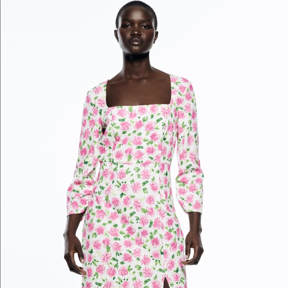 Zara midi floral dress with sleeves and leg slit (sold out) NWT
